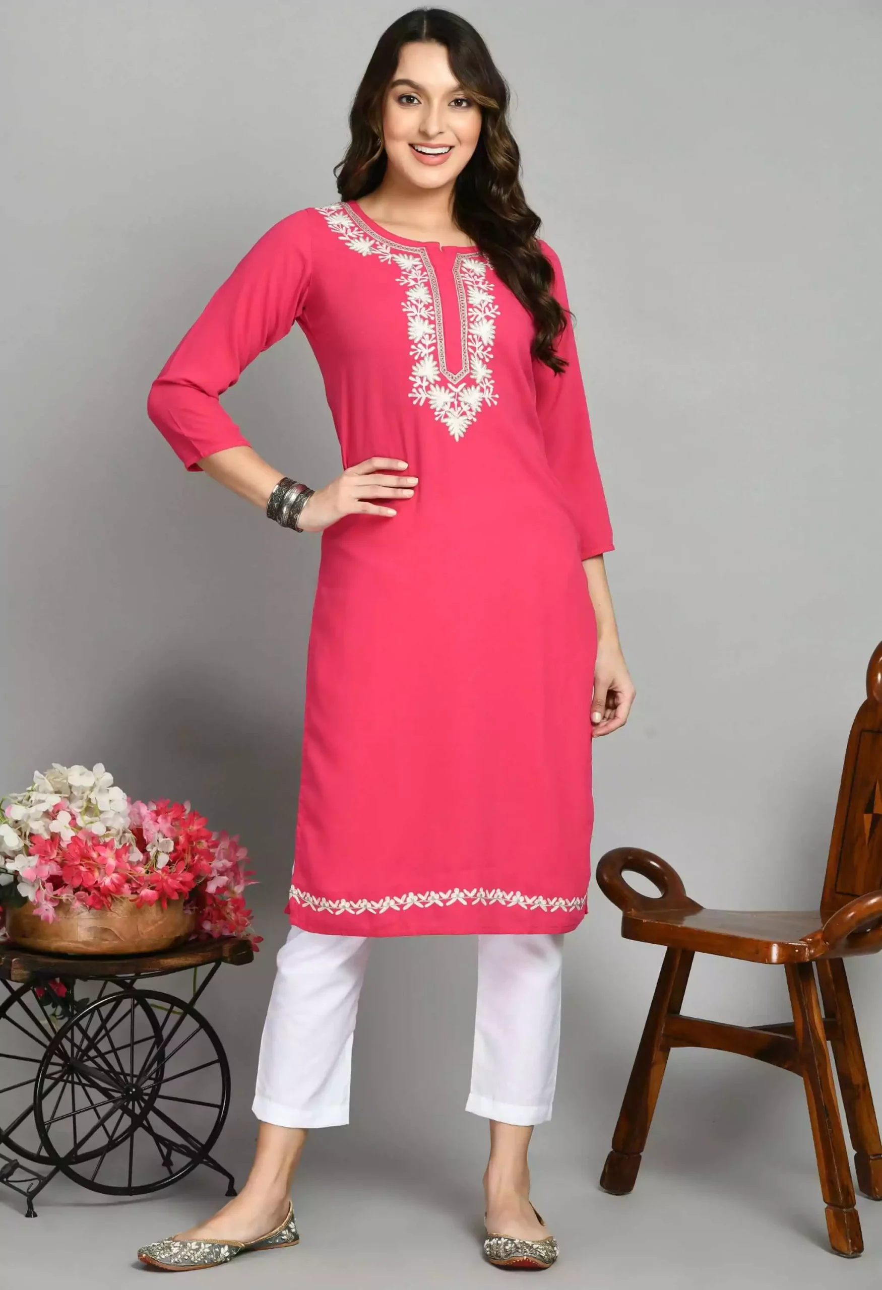 Pink Zari Work Kashmiri Kurti